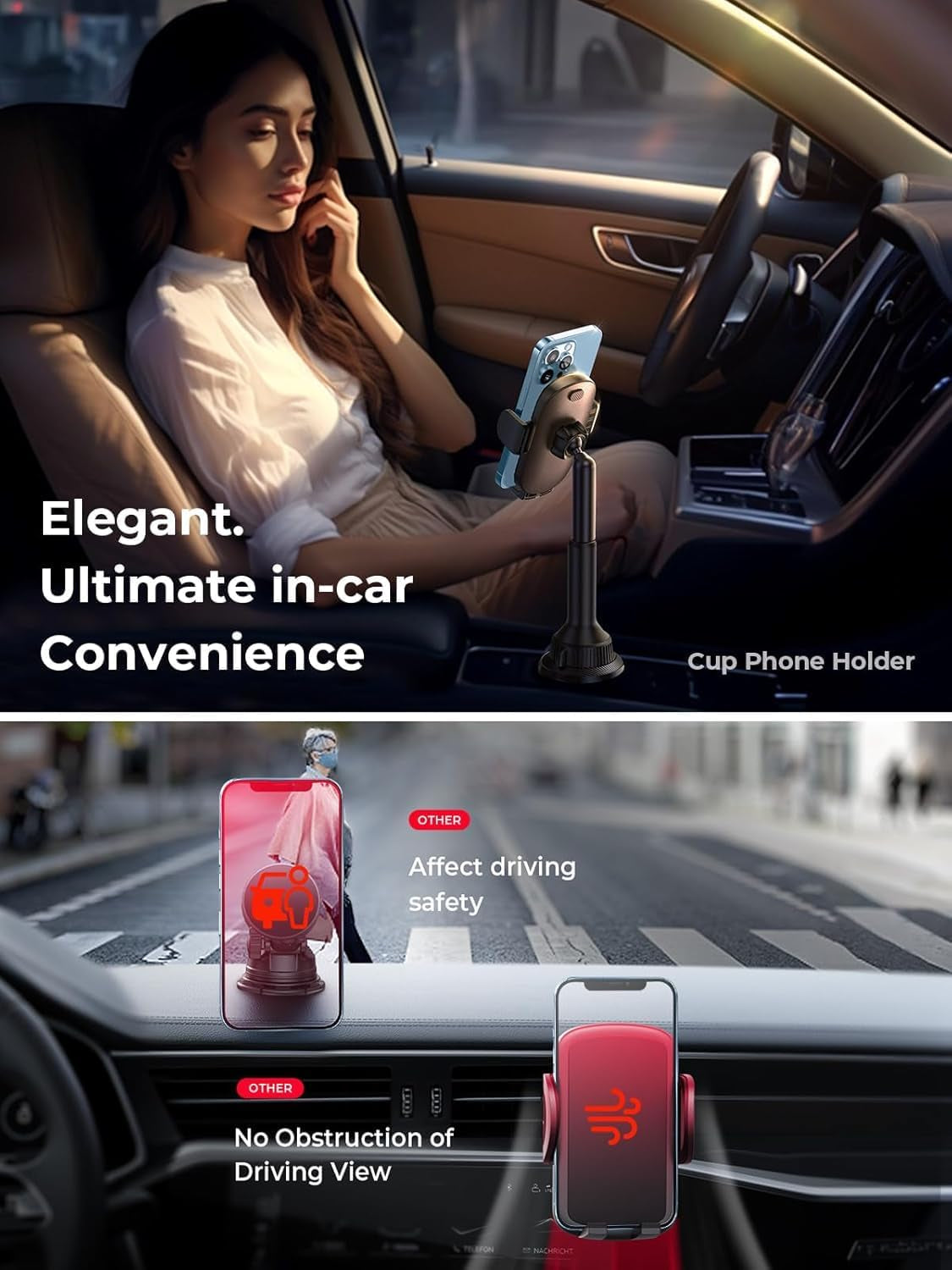 Cup Phone Holder No Shaking Phone Holder for Car, 360° Adjustable Iphone Holder for Car Accessories for Women Truck Jeep Golf for Iphone 16E 16 15 14 13 Pro Max Samsung S25 All 4-17'' Phone