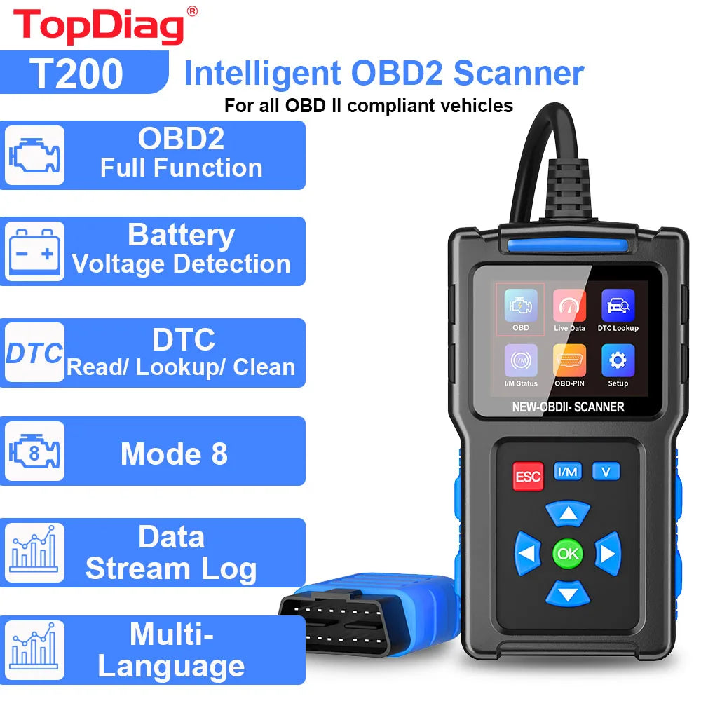 Topdiag T200 Car OBD2 Scanner Diagnostic Tool Engine Code Reader Car Voltage Tester Automotive Vehicle Fault Code Scanner OBDII