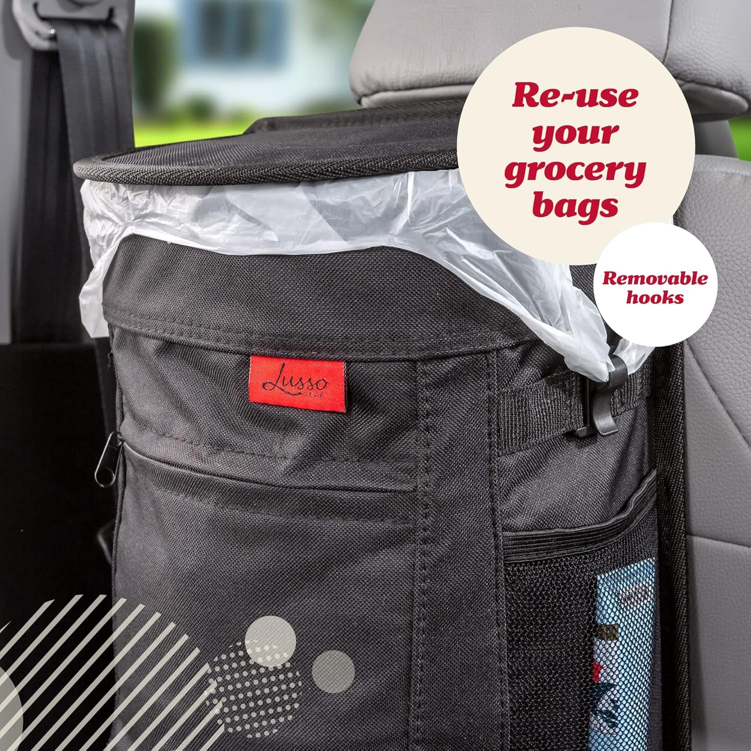 Spill-Proof Car Trash Can - 2.5-Gallon Black round - Leak-Proof Lid & Waterproof Removable Liner - Hanging Car Trash Bin & Organizer for SUV, Truck & Minivan