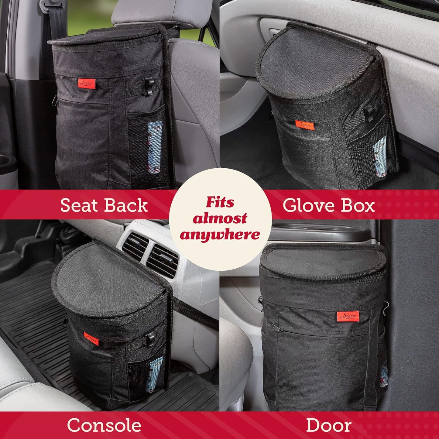 Spill-Proof Car Trash Can - 2.5-Gallon Black round - Leak-Proof Lid & Waterproof Removable Liner - Hanging Car Trash Bin & Organizer for SUV, Truck & Minivan