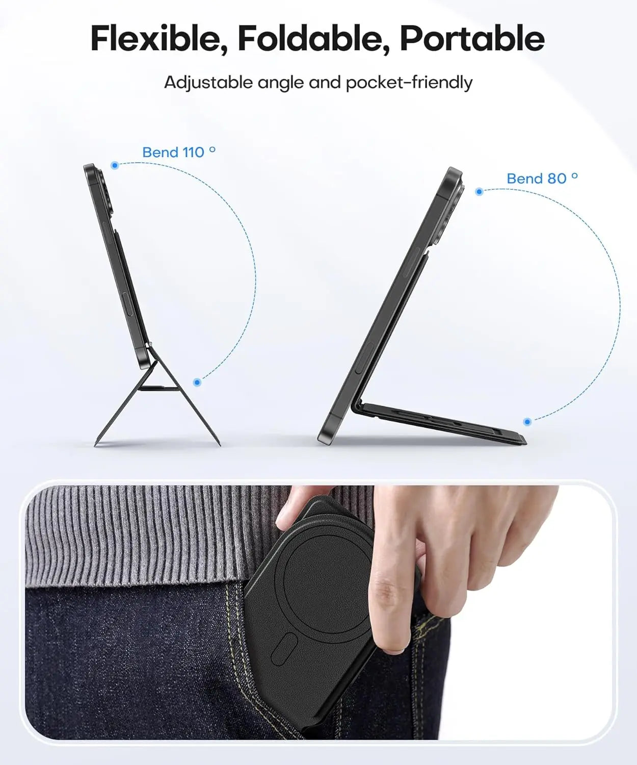 Foldable Phone Stand Holder, Pocket Cell Phone Video Tripod, Magnetic Smartphone Desk Stand, Vegan Leather Vlog Stick for Iphone