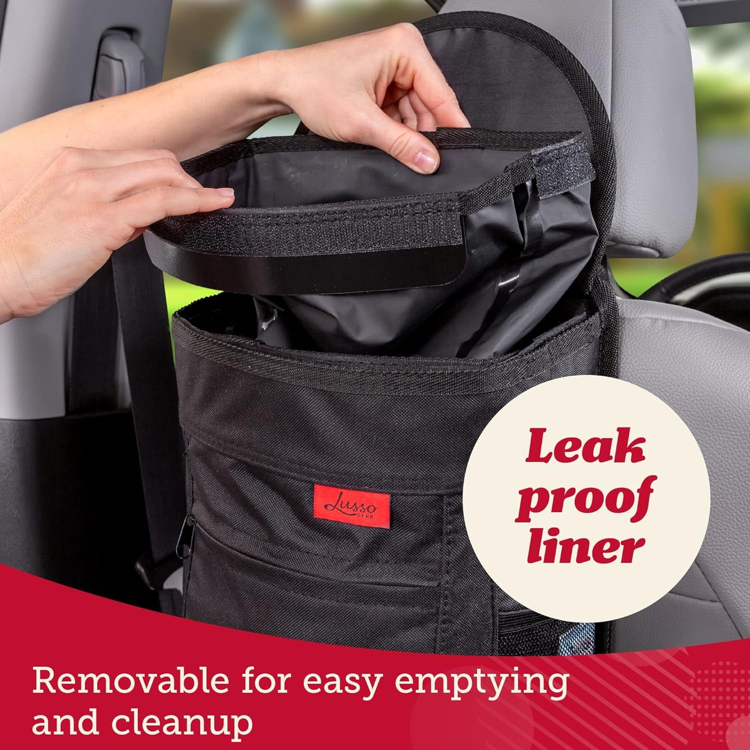Spill-Proof Car Trash Can - 2.5-Gallon Black round - Leak-Proof Lid & Waterproof Removable Liner - Hanging Car Trash Bin & Organizer for SUV, Truck & Minivan