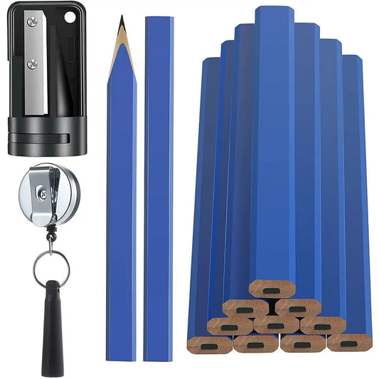 12Pcs Carpenter Pencils Tool Set 7Inch Carpenter Pencil with Sharpener Flat Wood Construction Pencil with Retractable Pen Holder