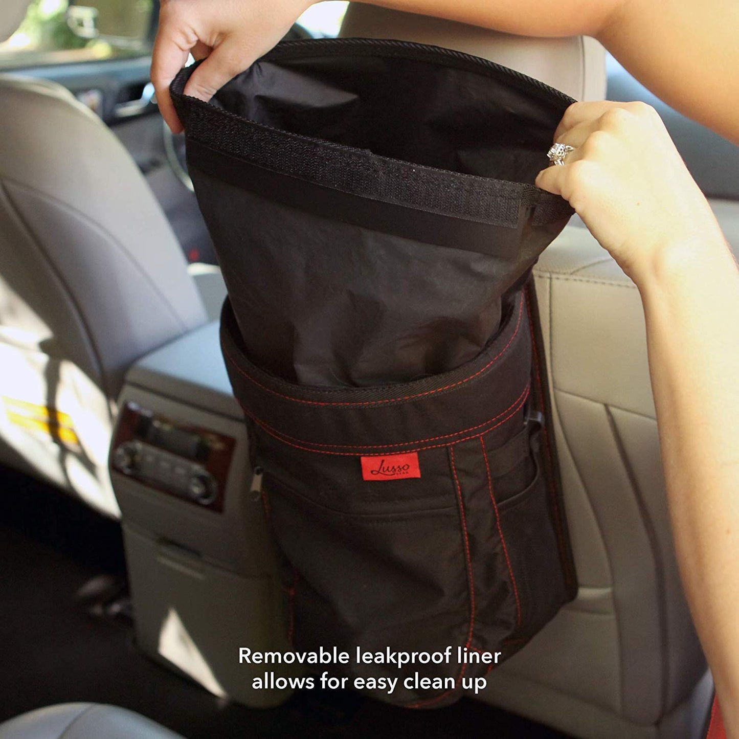 Spill-Proof Car Trash Can - 2.5-Gallon Black round - Leak-Proof Lid & Waterproof Removable Liner - Hanging Car Trash Bin & Organizer for SUV, Truck & Minivan