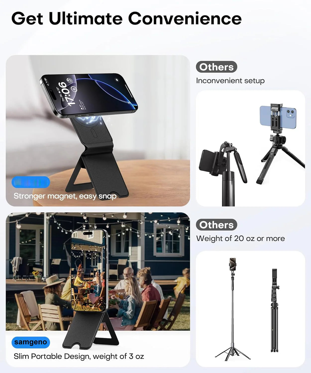 Foldable Phone Stand Holder, Pocket Cell Phone Video Tripod, Magnetic Smartphone Desk Stand, Vegan Leather Vlog Stick for Iphone