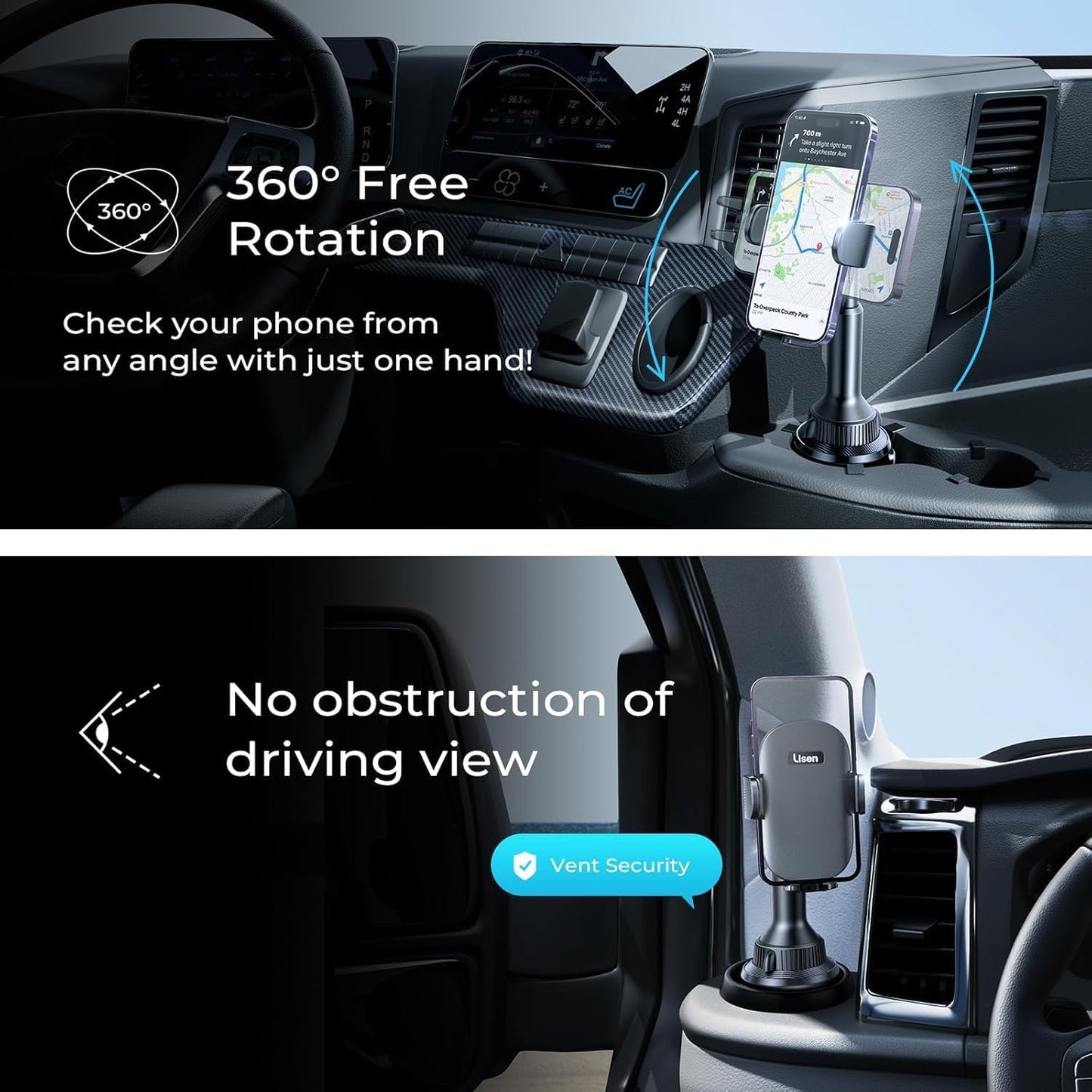 Cup Phone Holder No Shaking Phone Holder for Car, 360° Adjustable Iphone Holder for Car Accessories for Women Truck Jeep Golf for Iphone 16E 16 15 14 13 Pro Max Samsung S25 All 4-17'' Phone